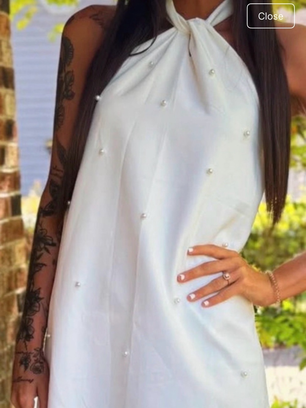 Women's White Halter Dress with Pearl Accents